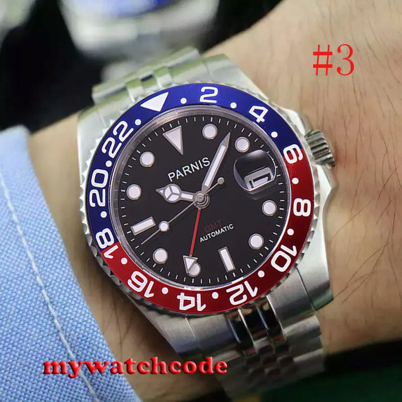 40 мм PARNIS черный циферблат юбилейный браслет сапфировое стекло светящиеся