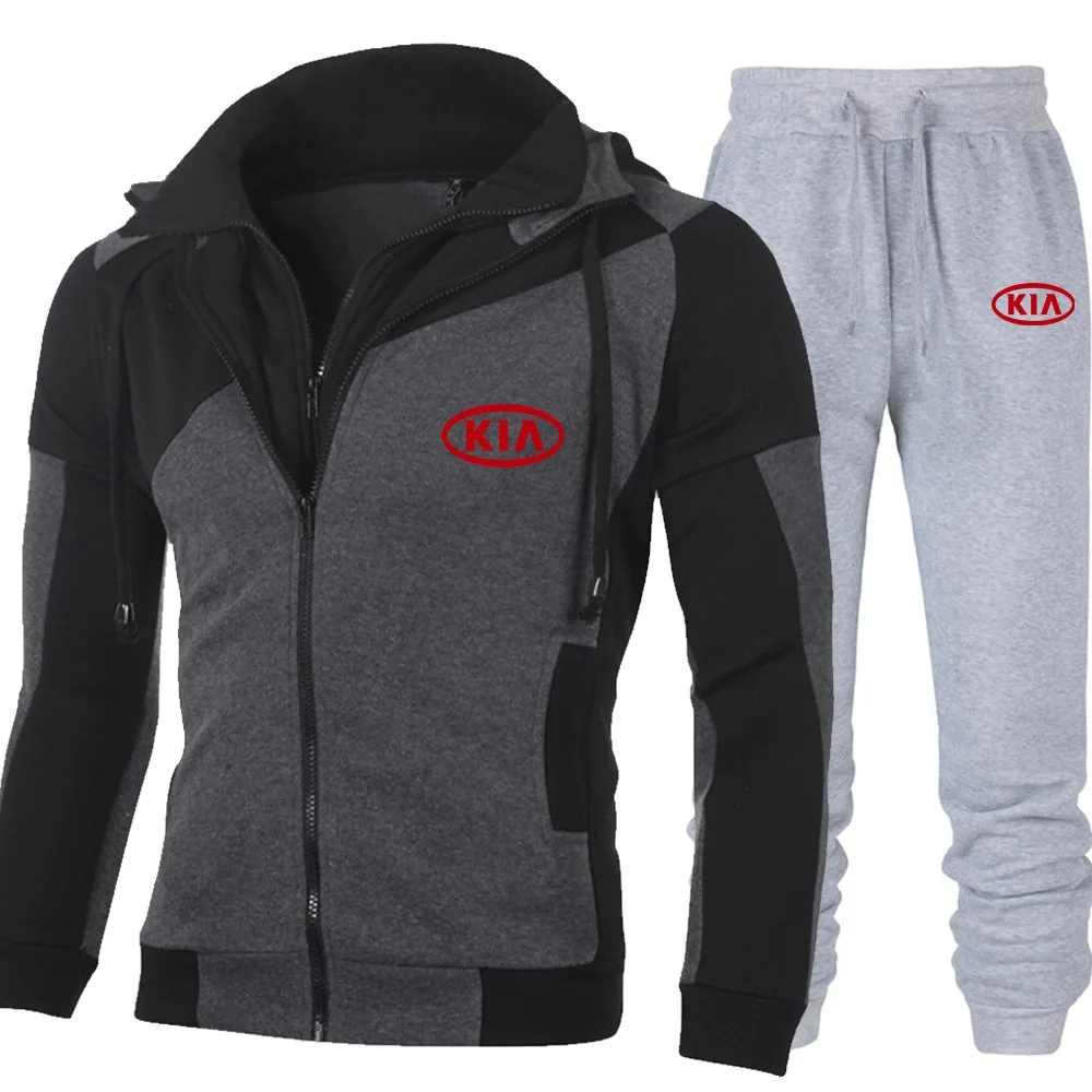 

Spring and Autumn Men's KIA Car Logo Patchwork Jacket + Pants 2 Piece Sets Tracksuit Hooded Casual Fashion Long Sleeve Sportsuit
