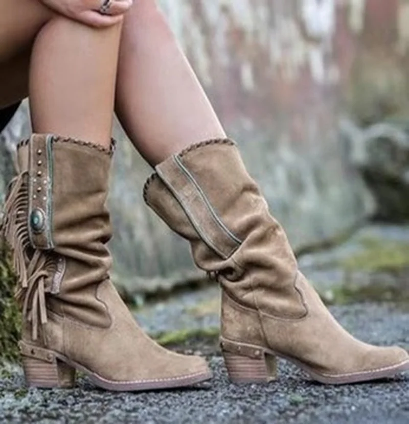 

New Knight Women's Boots Mid-Tube Frosted Tassel Thick Heel Martin Boots Fashion Retro Women's Boots