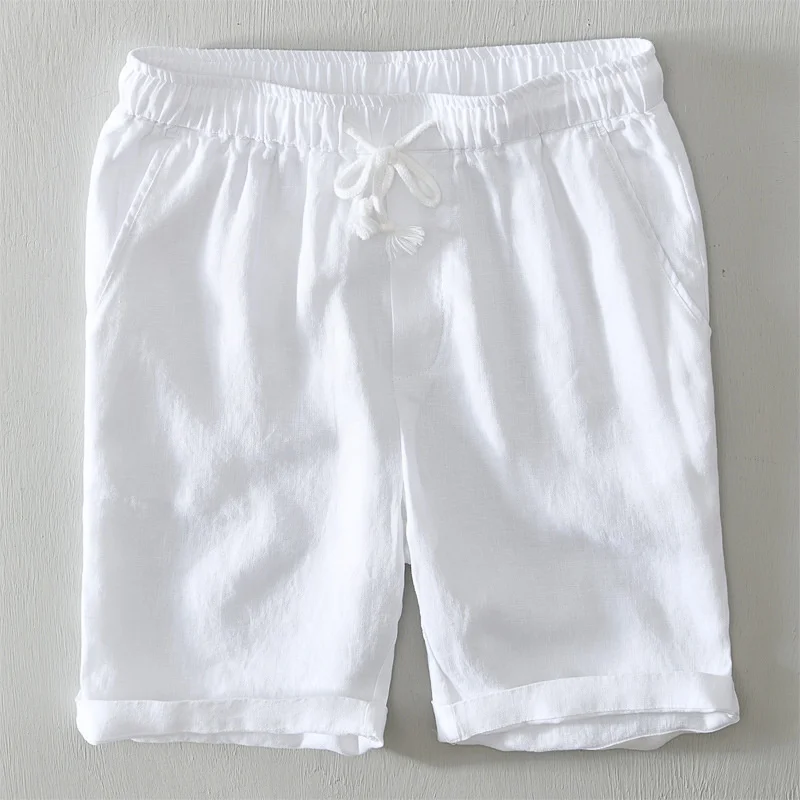 

8103 Summer Classic Men Oversized Beach Shorts Linen Natural Fabric Solid Color Drawstring Loose Casual Straight Pants Bermuda