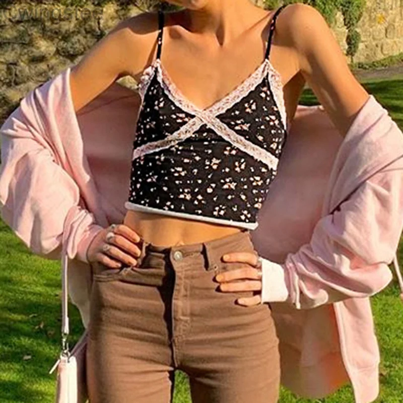 

Floral Printed Aesthetic 90s Camisole Women Vintage Sexy Lace Patchwork Cute Crop Tops Korean Harajuku Shirts