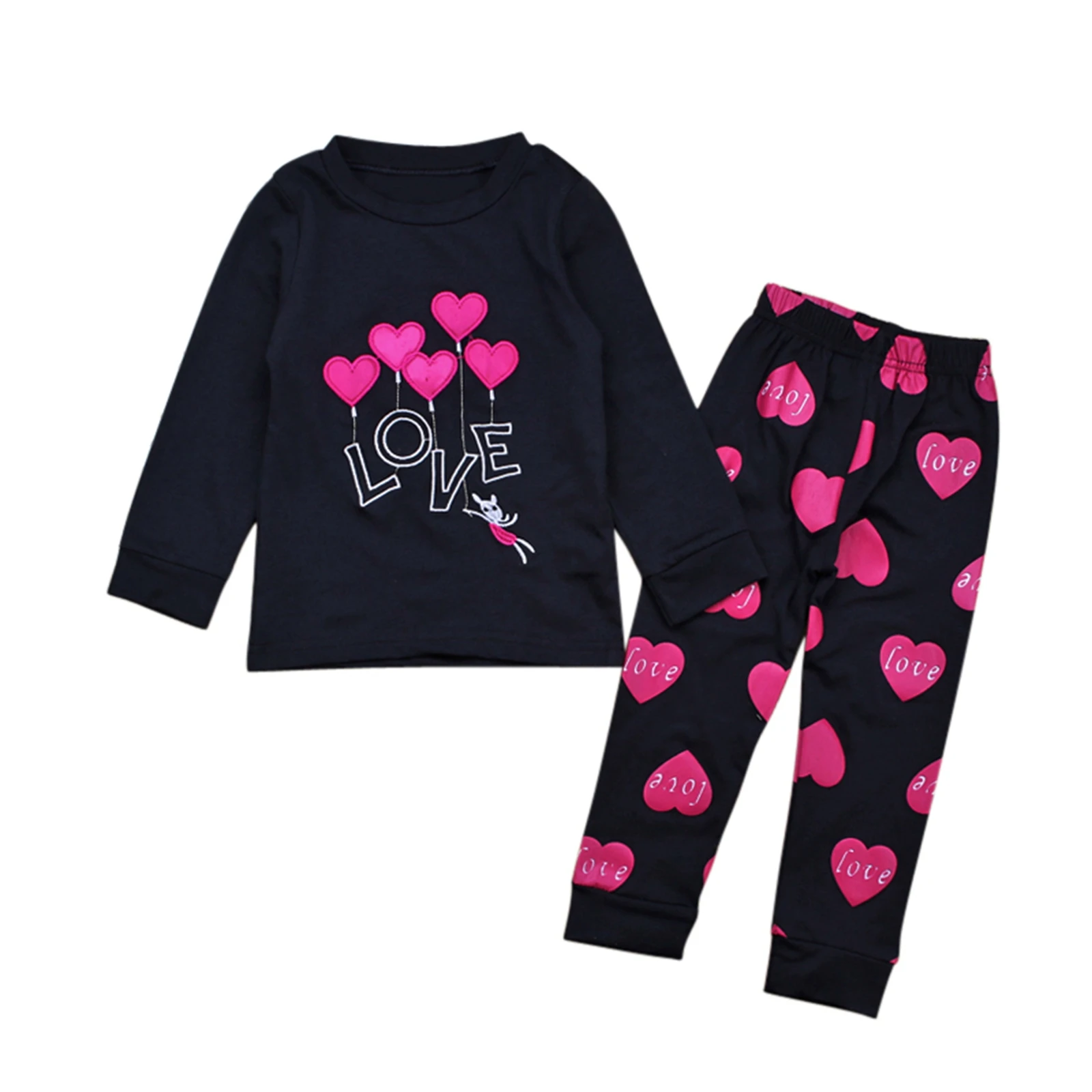 

Girl’s Long-sleeved Trousers Pajamas Set Fresh Heart Printed Round Neck T-shirt and Long Pants Home Clothes