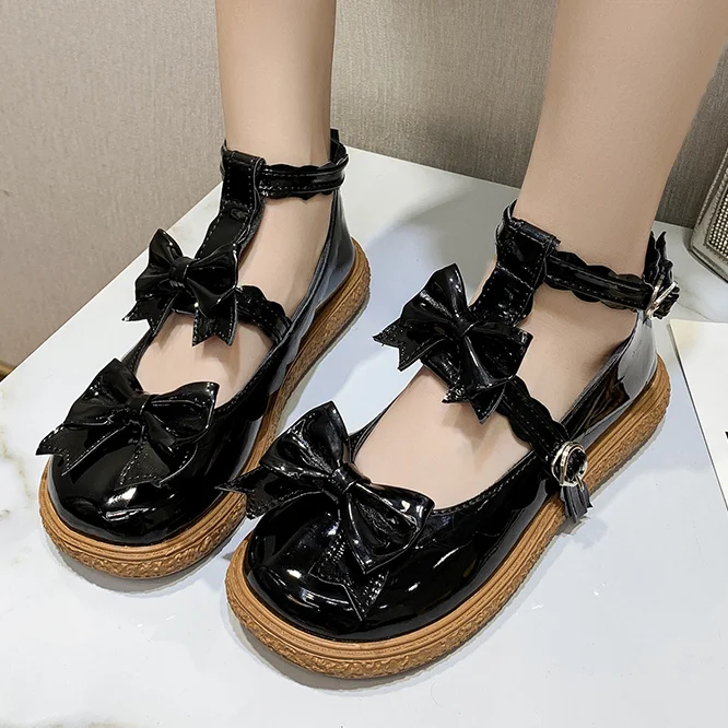 

Women Lolita Gothic Style Flat Platform Round Toe Rubber Sole Butterfly Knot Buckle Strap Non Slip Shoes Ladies Female Sweet