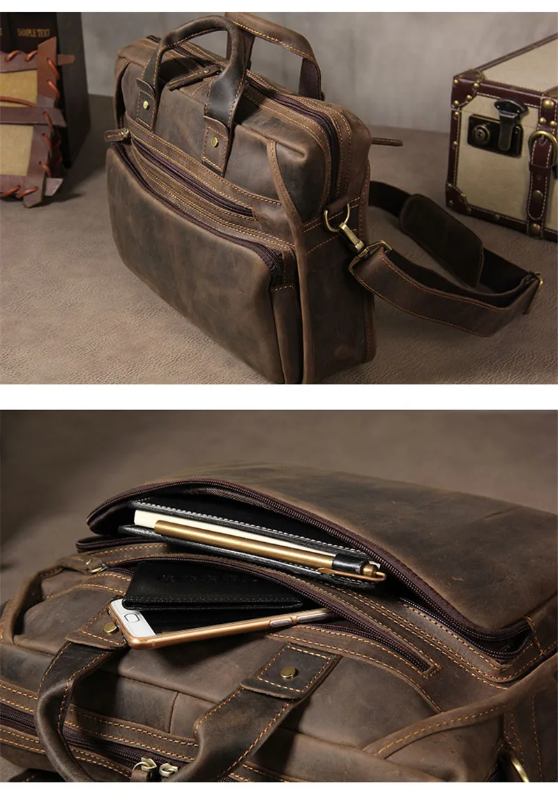 Hand-designed natural real leather men bag Crazy horse cowhide shoulder bag horizontal retro crossbody computer briefcase bag