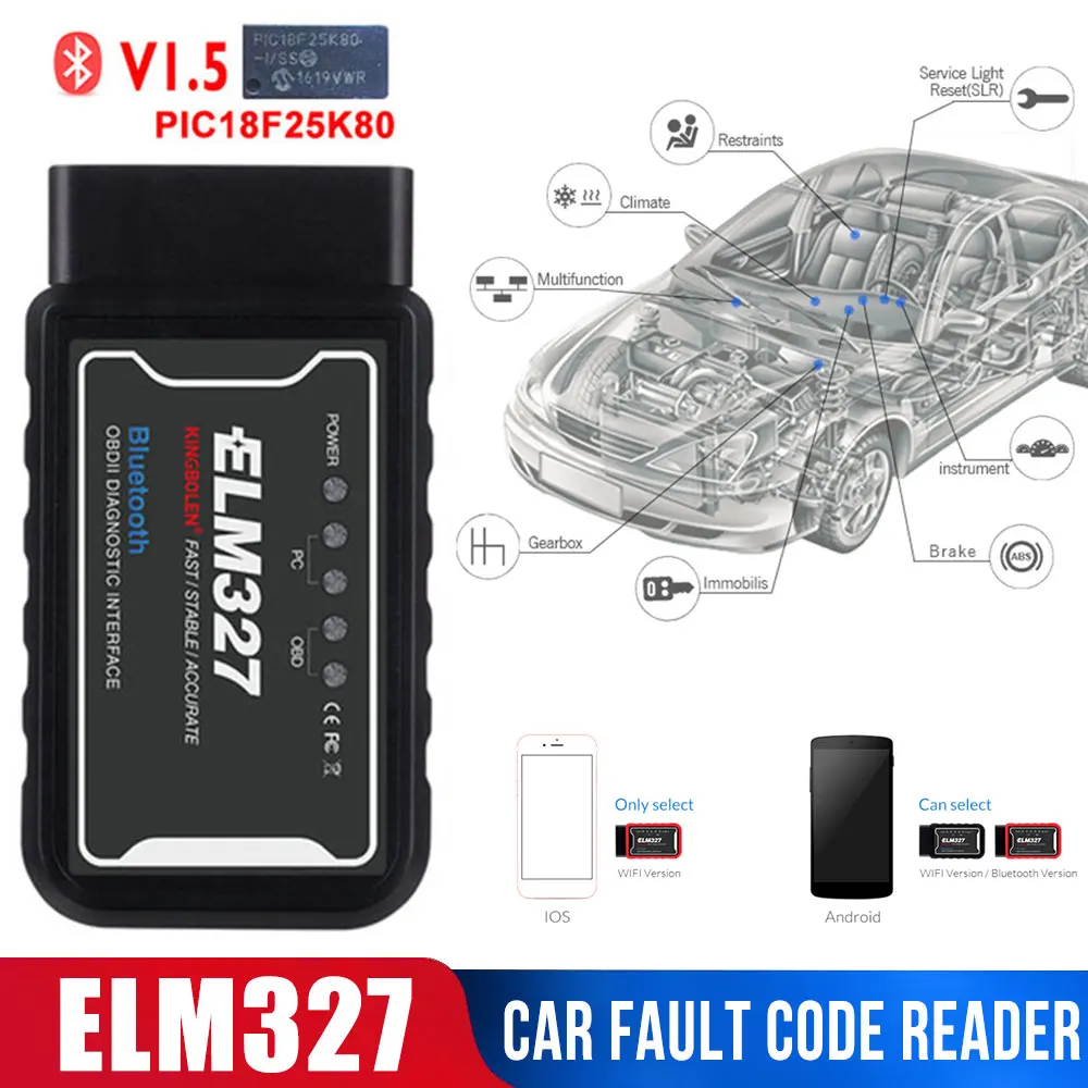 Автомобильный сканер ELM327 считыватель кодов WiFi Bluetooth V1.5 PIC18F25K80 чип OBDII