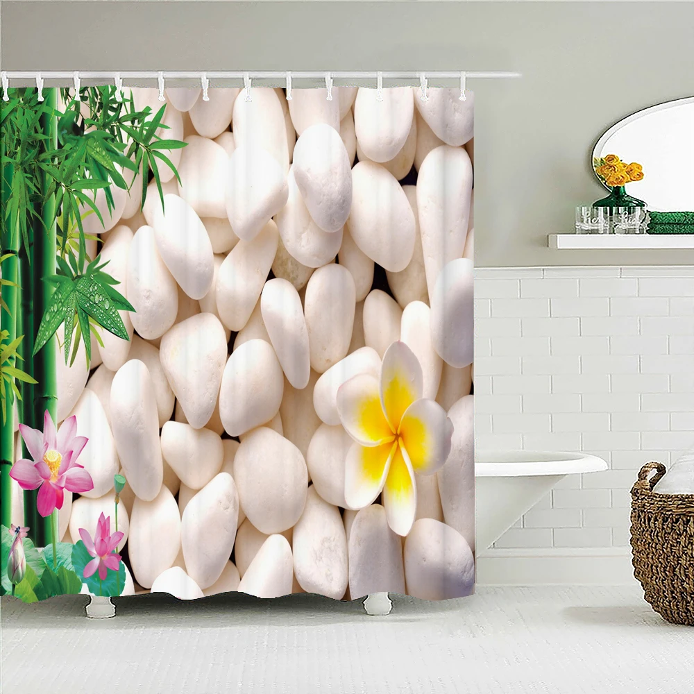 

Водонепроницаемая занавеска для душа в ванную комнату, тканевый Декор для ванной с принтом дзен, камень, галька, цветы, s-образный вырез, 12 кр...