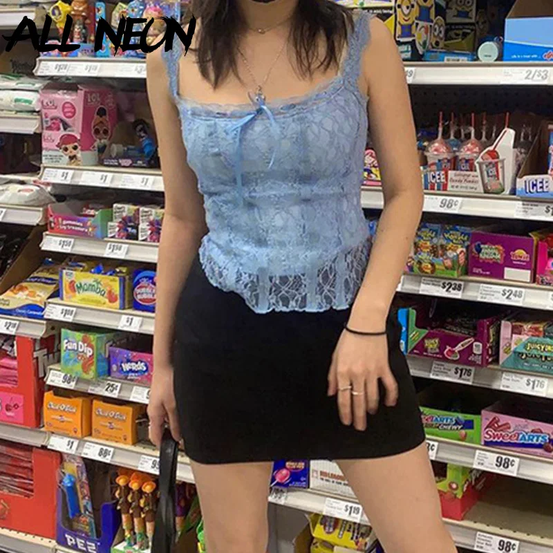 

ALLNeon Y2K винтажное милое Черное Кружевное Бюстье Топ Egirl уличная одежда с открытой спиной на бретелях укороченные майки пикантные наряды проз...
