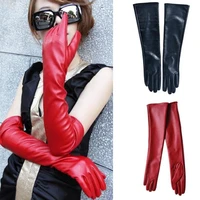 1 pair full finger mittens women long gloves pu leather wedding party elegant winter warm black red soft