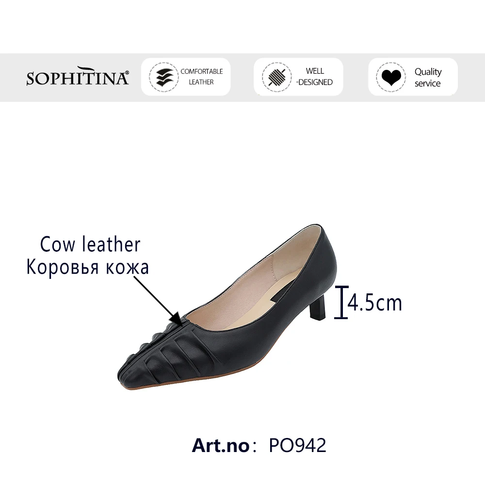 

SOPHITINA Spring Shallow Pumps Woman Beige Pleated Cow Leather Pointed Toe Med Thin Heel 2021 New Dress Lady Shoes PO942