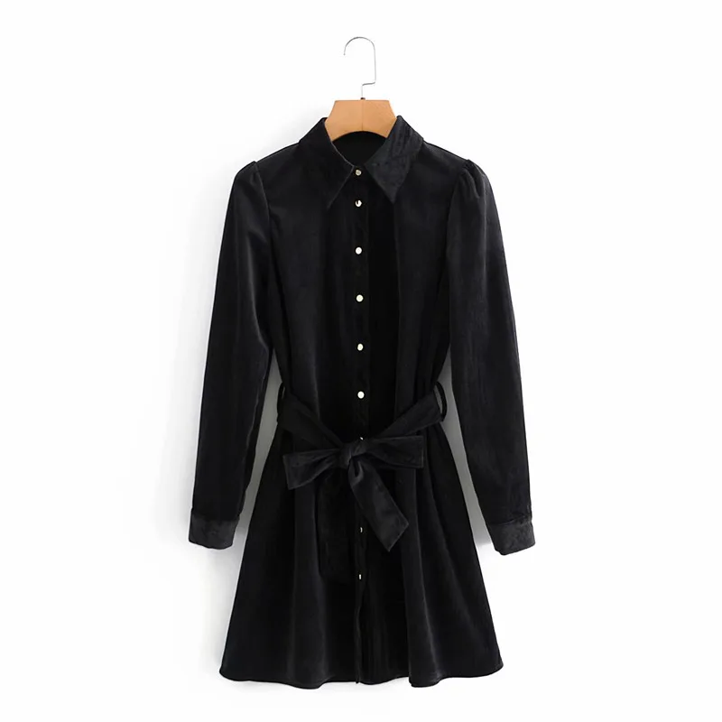 

Платье-мини женское вельветовое с отложным воротником, длинным рукавом