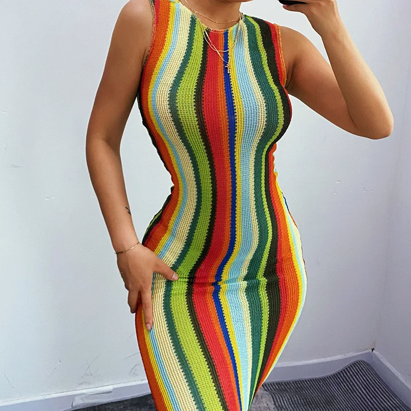 

Donsignet Fashion Women's Dress New Summer Casual Round Neck Pullover Color Knitted Sexy Slim Bag Hip Sleeveless Dress