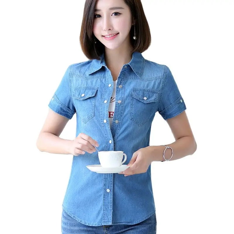 

S-3XL Women Denim Shirt Summer 2021 New Fashion Casual Short-sleeve Buttons Slim Thin Tops Girl Student Cotton Shirts Female