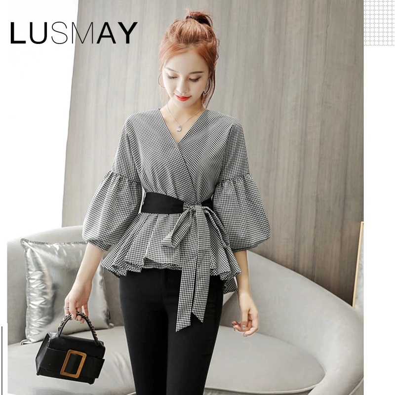 Korean Casual Shirt Women 2020 Spring Summer Plaid Peplum Tops Lantern Sleeve V Neck Ruffle Blouse With Bow | Женская одежда