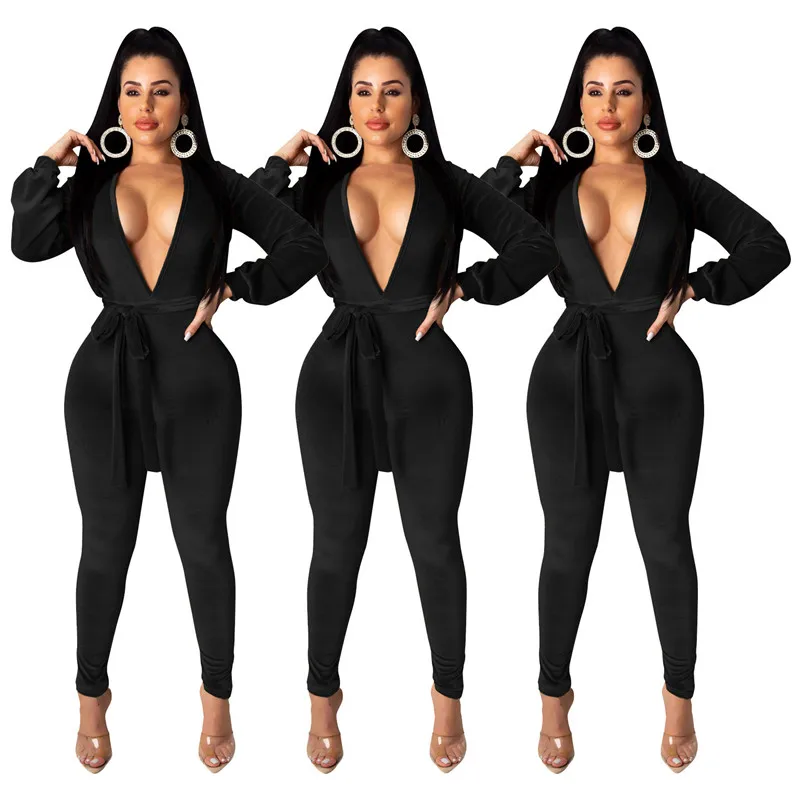black jumpsuit Осенне-зимний бархатный комбинезон Adogirl, женский сексуальный комбинезон с v-образным вырезом и длинным рукавом, Облегающий комбинезон с открытой спиной, модные повседневные Комбинезоны - Цвет: black jumpsuit