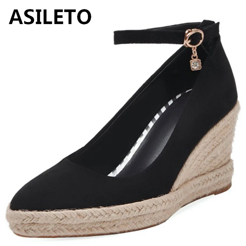 

ASILETO 2021 Spring Solid Suede Pumps Cover Heel Ankle Buckle Strap Rattan Wedges Pointed Toe 8cm Size 33-44 Red Brown A4173