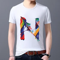 white simple mens t shirt casual basic all match english paint 26 english letters printed floral slim round neck commuter top