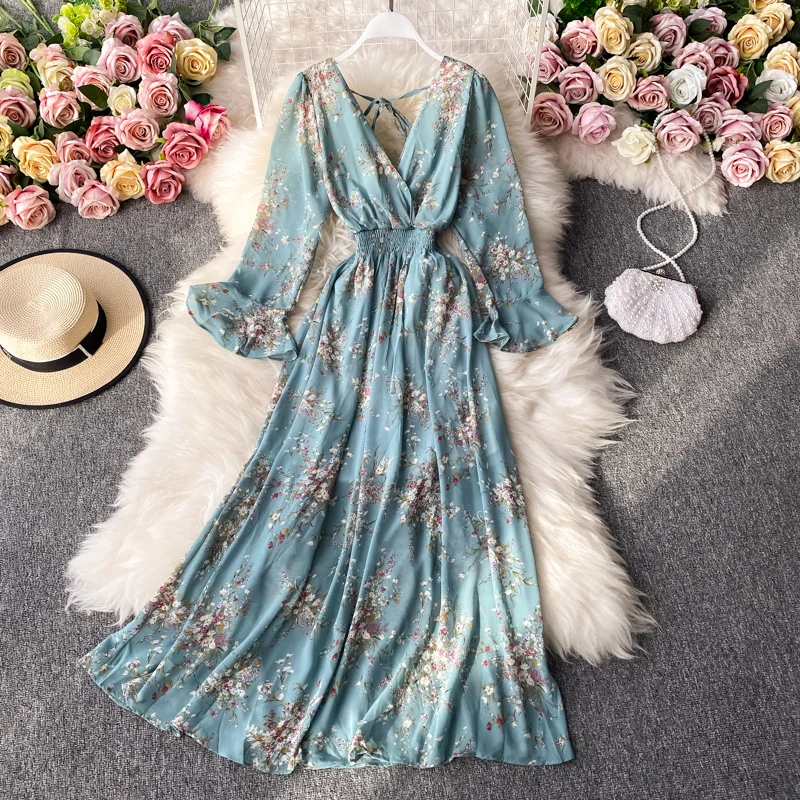 

Uulutonica Autumn Women Elegant Fashion A-line Print Full Flounced Edge Ankle-length Flare Sleeve Empire V-Neck Dress