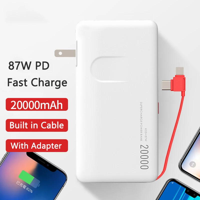 20000mAh Power Bank Built in Cable AC Plug 87W PD Two-Way Fast Charging for iPhone 14 13 Huawei Xiaomi Samsung Laptop Powerbank
