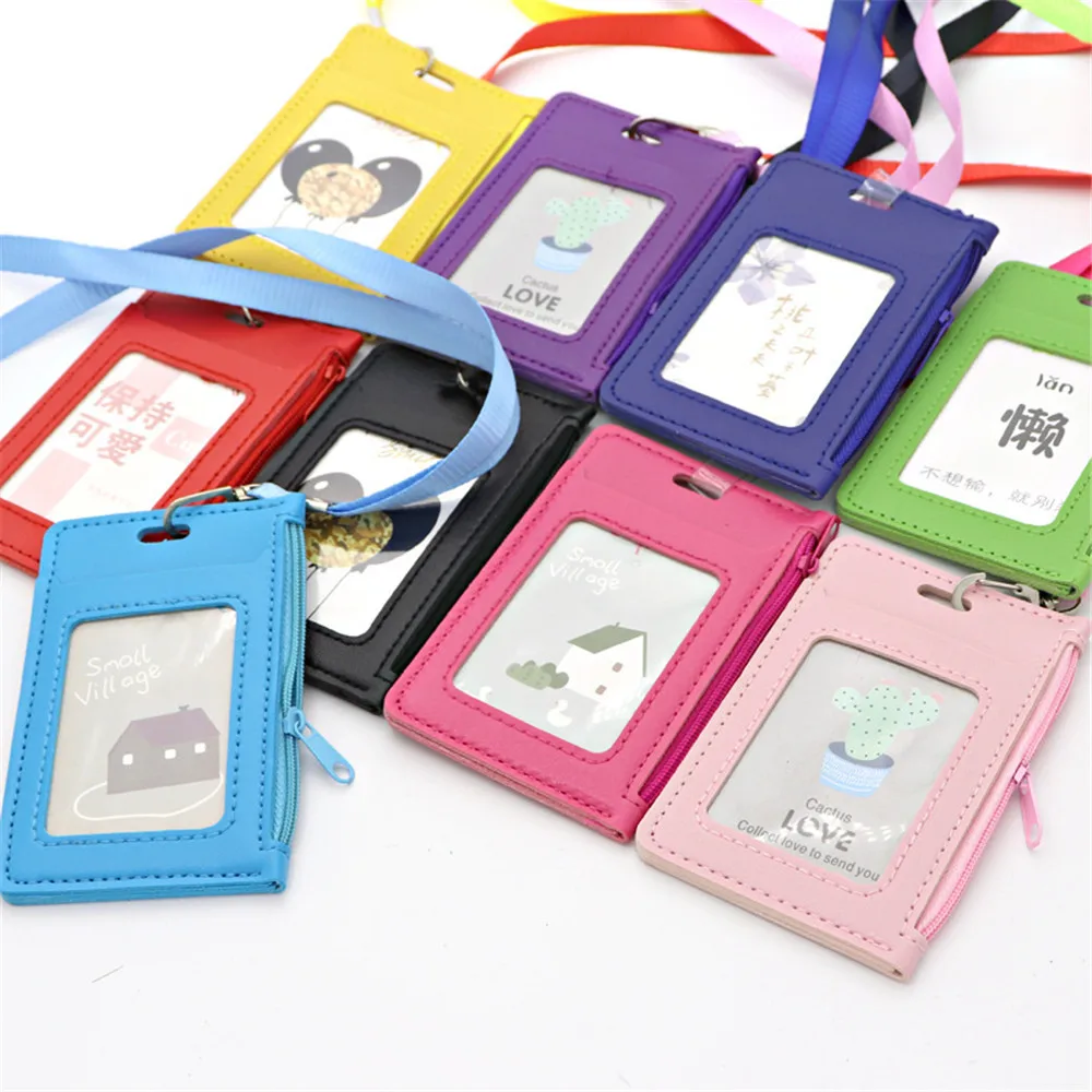 

Simple Student Kids Lanyard Card Holder Slim Wallet Boys Pu Id Certificate Bus Door Credit Card Bag For Girls Zipper Coin Purses
