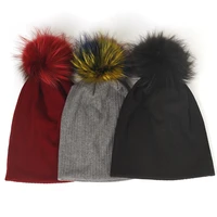 geebro female natural raccoon fur pompom hats beanies warm solid caps for women slouchy fashion cotton skullies lady hats