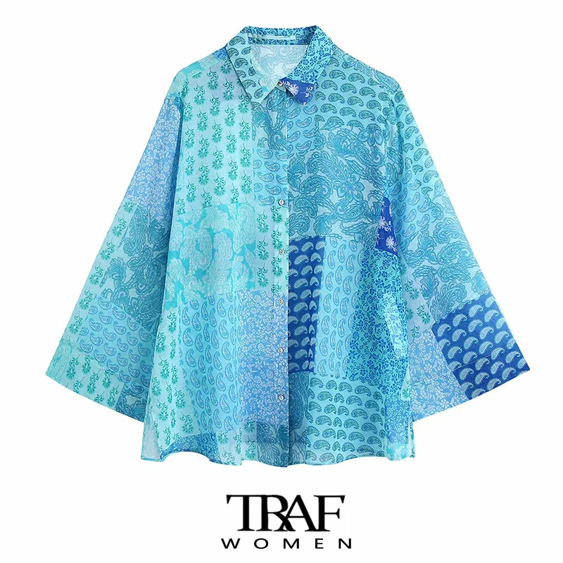 

TRAF Women Fashion Patchwork Paisley Print Loose Blouses Vintage Long Sleeve Button-up Female Shirts Blusas Chic Tops