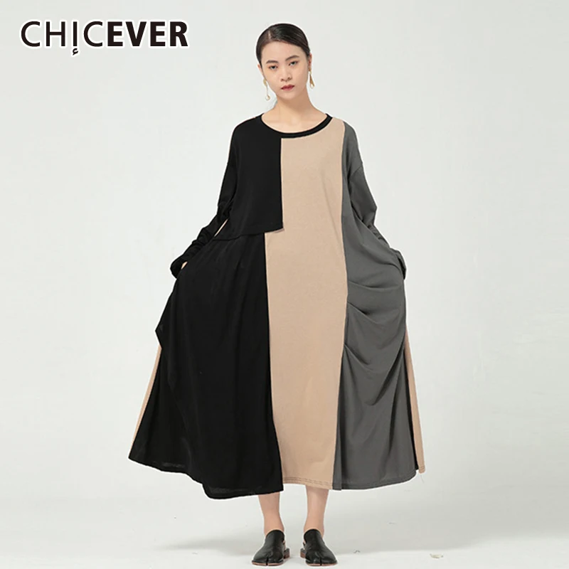 

CHICEVER повседневное разноцветное платье в стиле пэчворк для женщин с круглым воротником и длинным рукавом, свободное платье до щиколотки, жен...