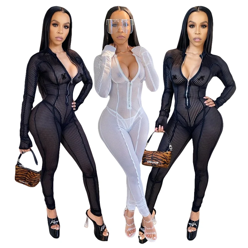 

K9775 2021 New Fashion Sexy Street V Neck Mesh See Through Long Sleeve Solid Color Plaid Nightclub Pants Women