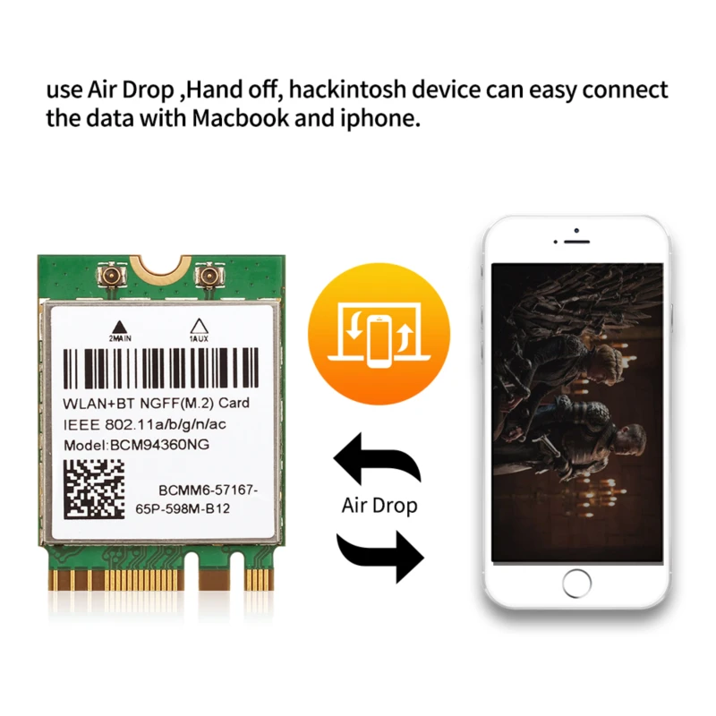 For Hackintosh mac os BCM94360NG BCM94360CS2 802.11AC WiFi 867Mbps WLAN Wireless Card Bluetooth 4.0 NGFF M.2 Adapter Network