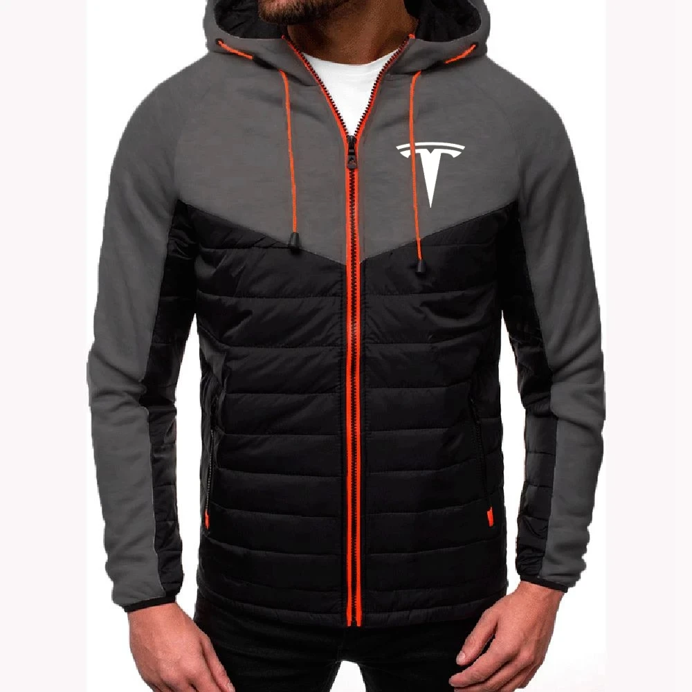 

Autumn Men Parka Cotton Padded Tesla Car Logo Male Splice Color Man Zipper Fashion Coat Print Winter Warm Sportwear Jackets