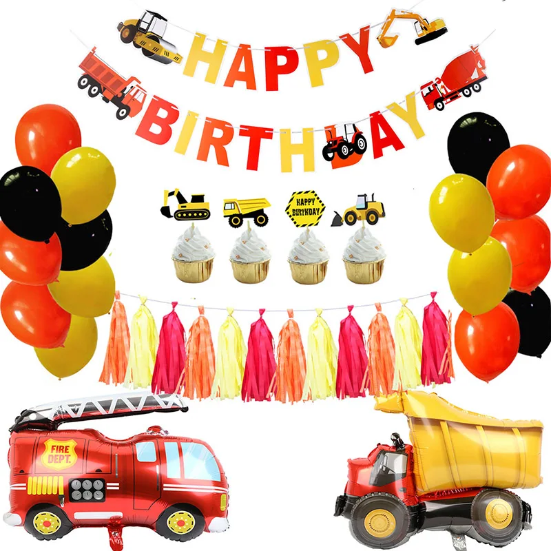 Construction Birthday Party Supplies Dump Truck Kits Banner Balloon Set for Kids Boy Party Fireman Firefighter Party Decoration
