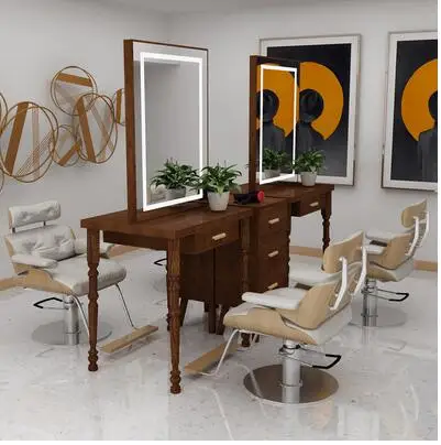 

Nordic real wood barber shop mirror table single double side lamp hair cutting mirror cabinet integrated hair salon special fash