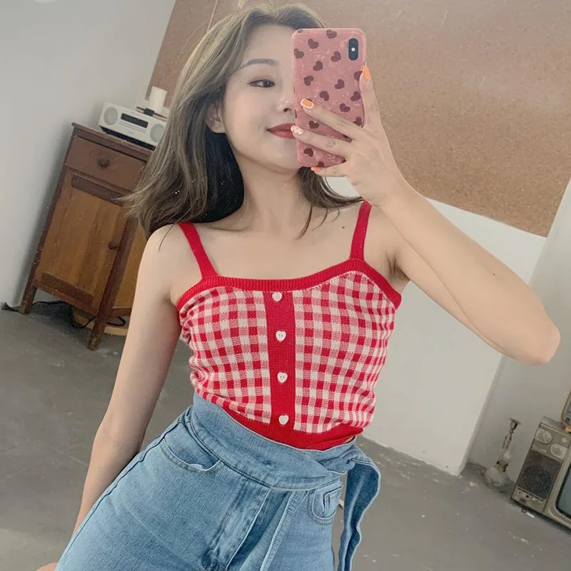 

Female Retro Sweet Plaid Pattern Knit Camisole Cotton Sexy Slim Women's Bottoming Crop Top For Women 2021 New