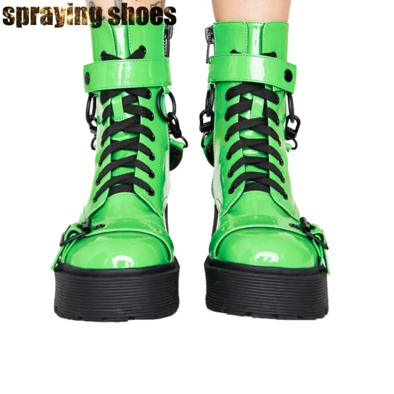 Неоновые зеленые ботинки Martens; женские ботильоны на платформе с круглым носком; мотоботы; пикантные женские ботинки для подиума; обувь для вечеринок; зимние ботинки