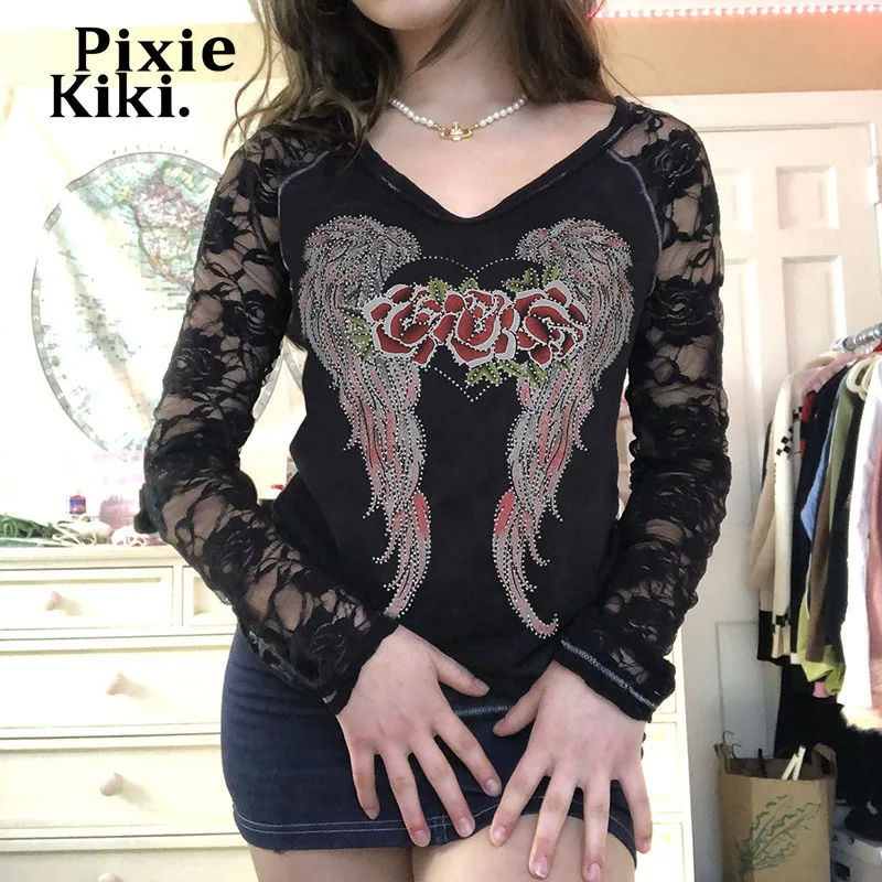 

PixieKiki Rhinestone Fairy Wings Graphic T Shirts Black Lace Long Sleeve Y2k Top Aesthetic Grunge Clothes Sexy Blouse P84-BI11