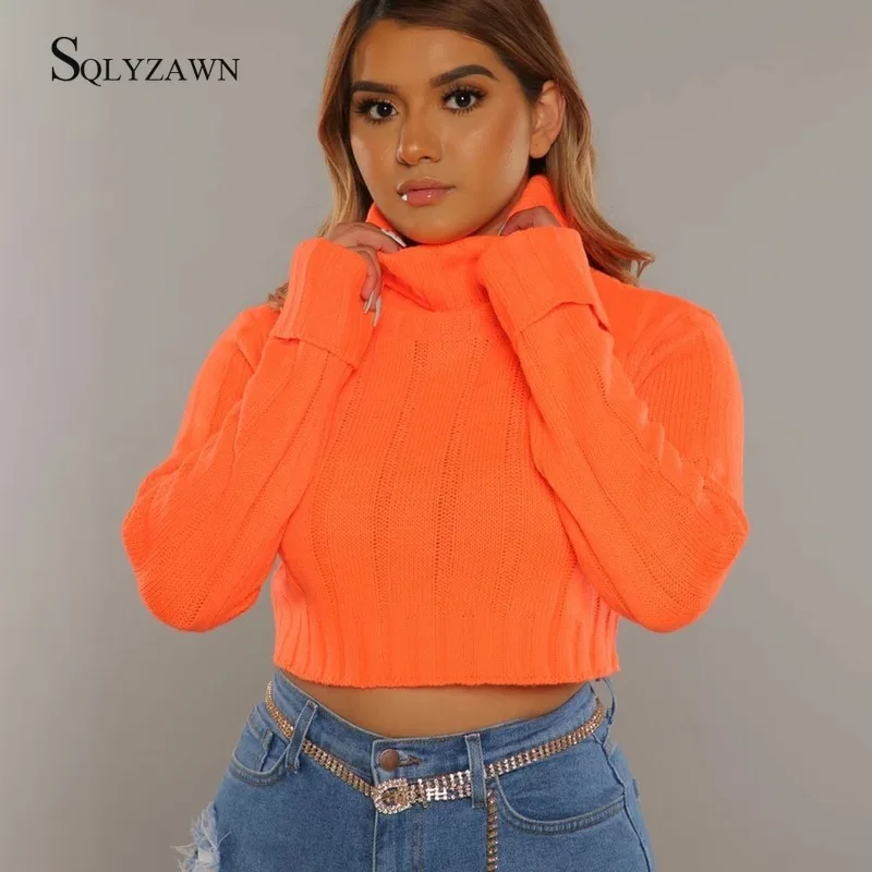 Women Turtleneck Neon Pink Orange Long Sleeve Sweater Crop Top Fall Winter Sexy Streetwear Knitted Pullover Kawaii Club Clothes | Женская