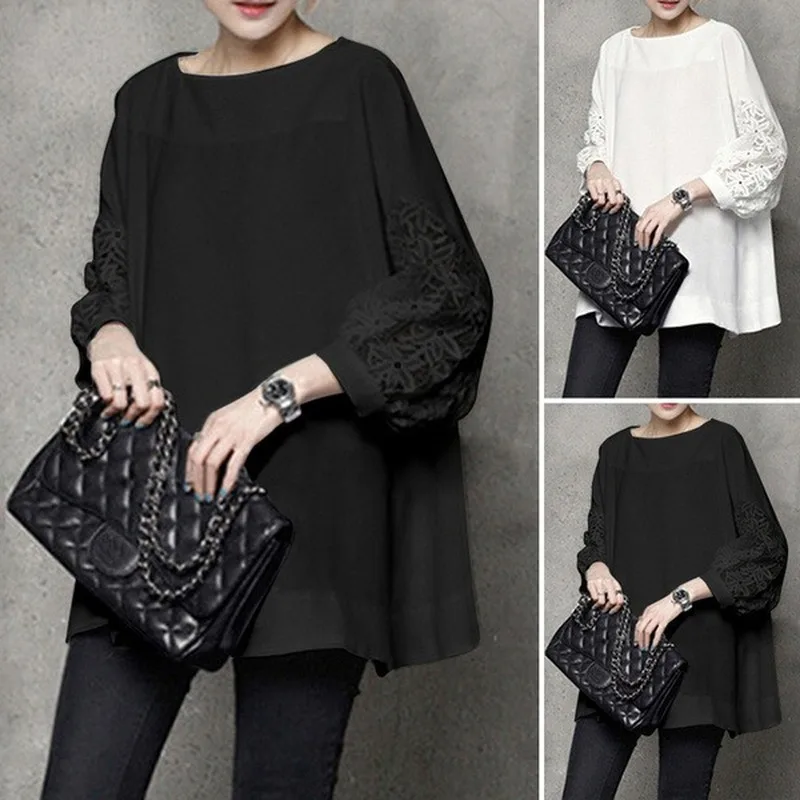 

Women Tops 2021 Fashion Blouses Shirts Autumn Spring Lace Patchwork Blouses Office Ladies Solid Long Sleeve Tops Plus Size