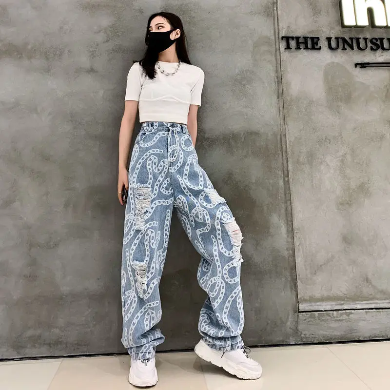 

High waist wide leg hole jeans women 2021 spring and summer new fashion handsome straight jeans pants