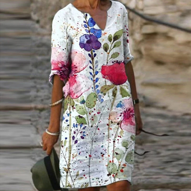 Женское платье с цветочным принтом Элегантное повседневное свободное до колен