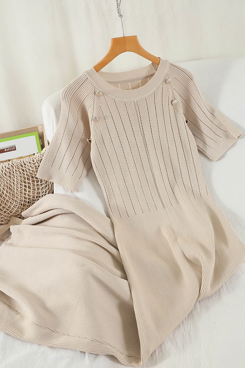 

Elegant hollow-breasted o neck tie knitted dress for womens solid color casual long dress summer slim dresses Office Lady