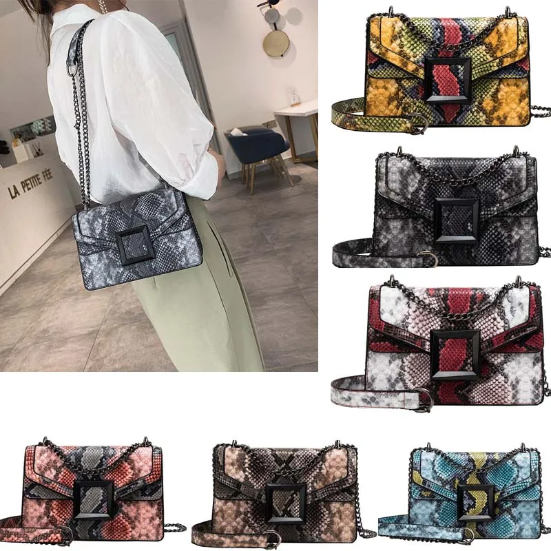 Messenger Bag Serpentine Pattern Crossbody Bag Snake Print Women's Shoulder Bag Stitching Hit Color Chain Small Square Snake Bag