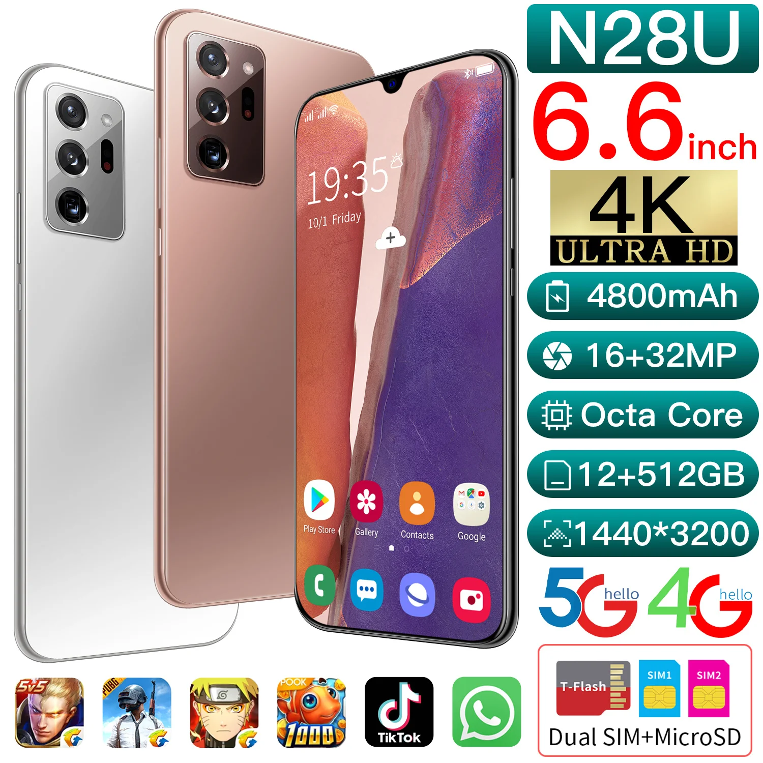 

Newest N28U 6.6 Inch Smartphone 12g+512g Dual Card Standby Fingerprint HD Phone 4800mAh Face Unlock Original Note20U Cellphone