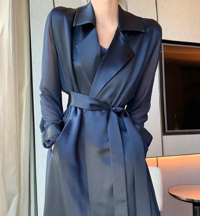 

Женская Осенняя одежда средней длины, осенняя одежда из тонкой органзы, ацетатная Синяя Женская одежда, модная новинка 2020