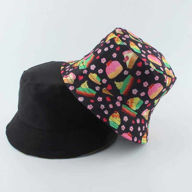 

Summer Ice Cream Print Bucket Hats For Women Fashion Reversible Bob Chapeau Femme Hip hop Cap Gorro Men Sun Hats