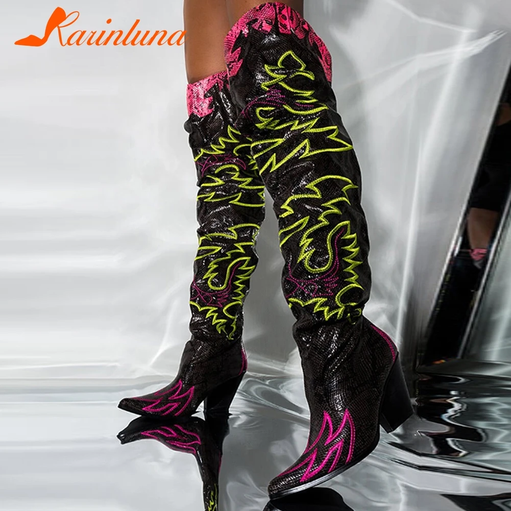 

KARINLUNA New Fashion Lady High Heels Sexy Shoes Women Brand Sewing Snake Veins Prints Over The Knee Boots INS Hot Shoes Woman