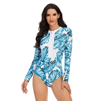 2020 sexy leaf print swimsuit women long sleeve push up one piece swimwear sport plus size bathing suit monokini surf suit xxl