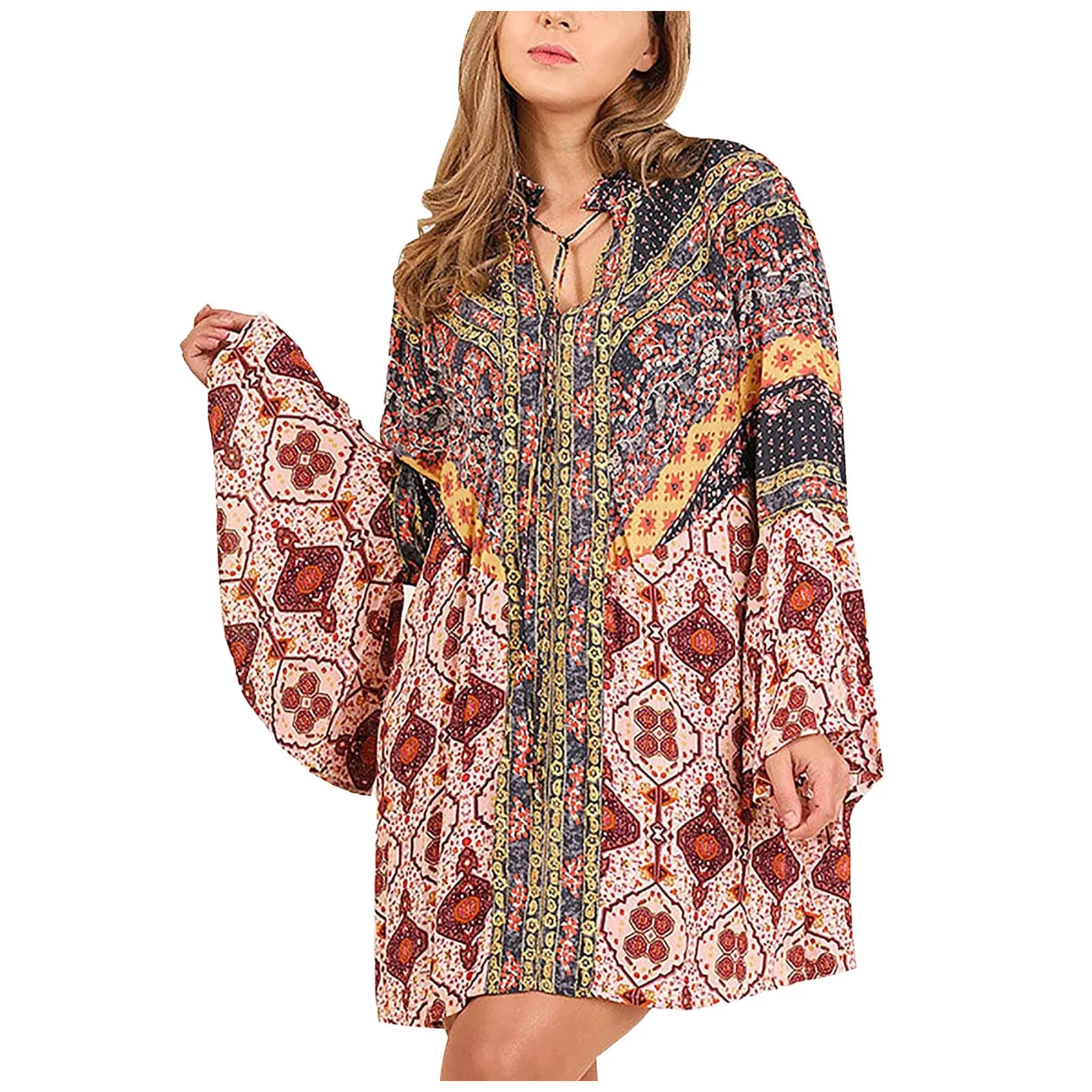 

Womens Summer Beach Dress Multi-print Trumpet Sleeve Dress Boho Dresses Vintage Women Dresses Sundress Loose Ruffles Vestidos#g