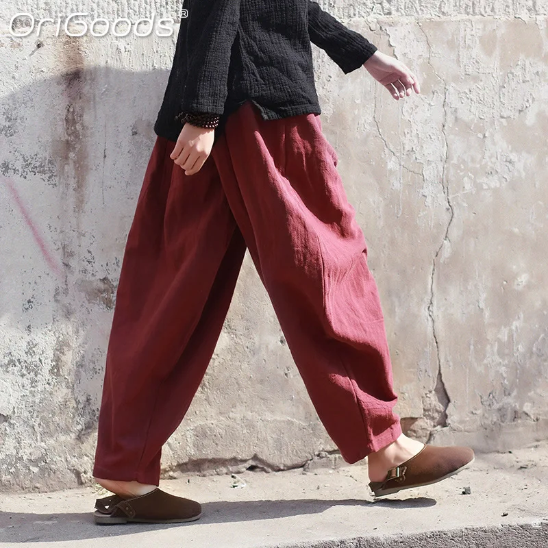 Оригинальные винтажные шаровары женские льняные хлопковые брюки большого