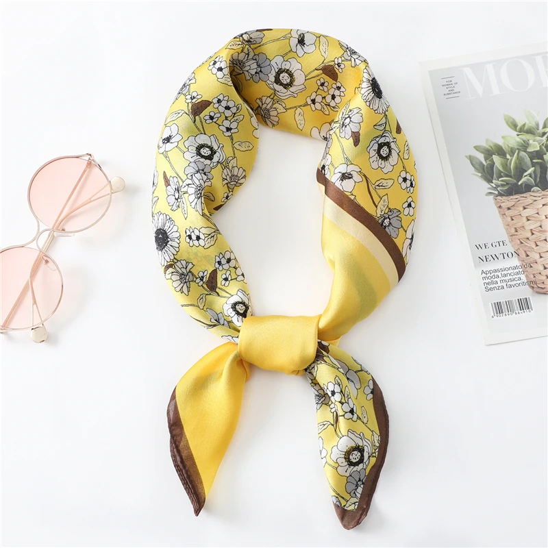 

Flower Solid Color Panel Silk Scarf Korean Small Fresh Print Bandana 70cm Square High Quality Neckerchief Work Lady Favourite