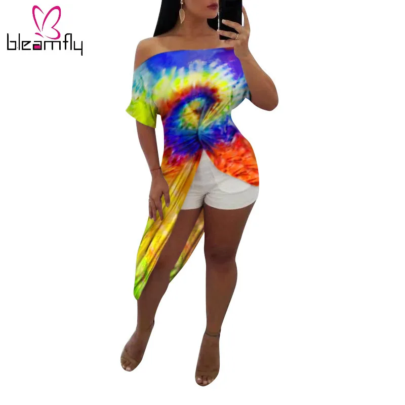 2019 женское платье с черными дырками и принтом Tie Dye открытыми плечами завязками до