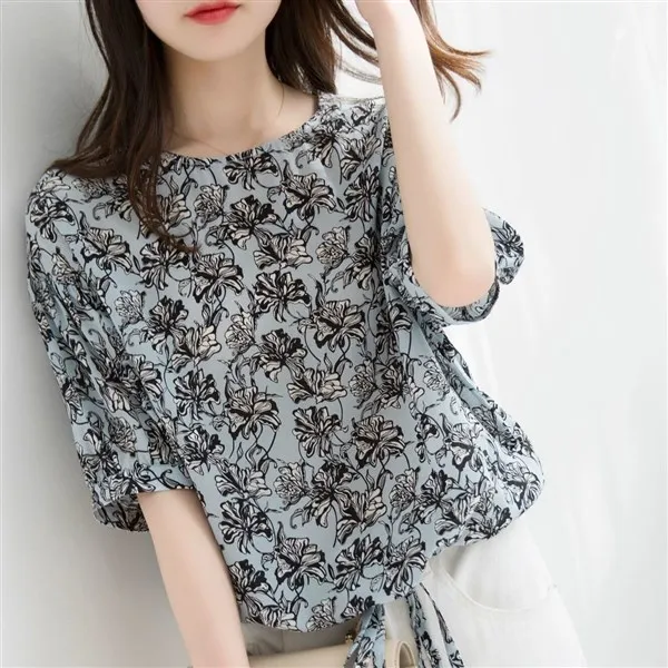Chiffon shirt women's middle sleeve spring women's 2021 new bow knot  shirt loose belly floral blouse  shirt women sexy